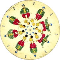 Play this disc — figures in green and red around a ring of moons.