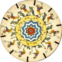 Play this disc — figures around a blue and white rosette.